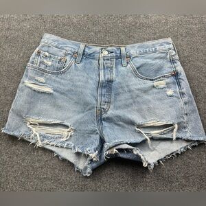 Levi’s High-Rise Distressed Light Blue Denim Shorts, Size 31